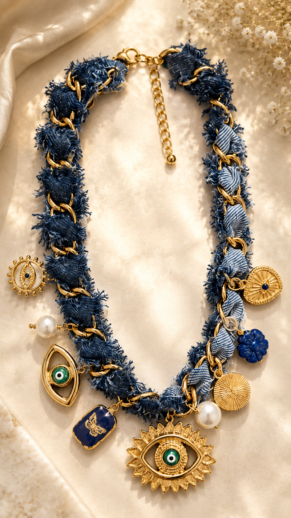 Denim Evil Eye Charm Necklace