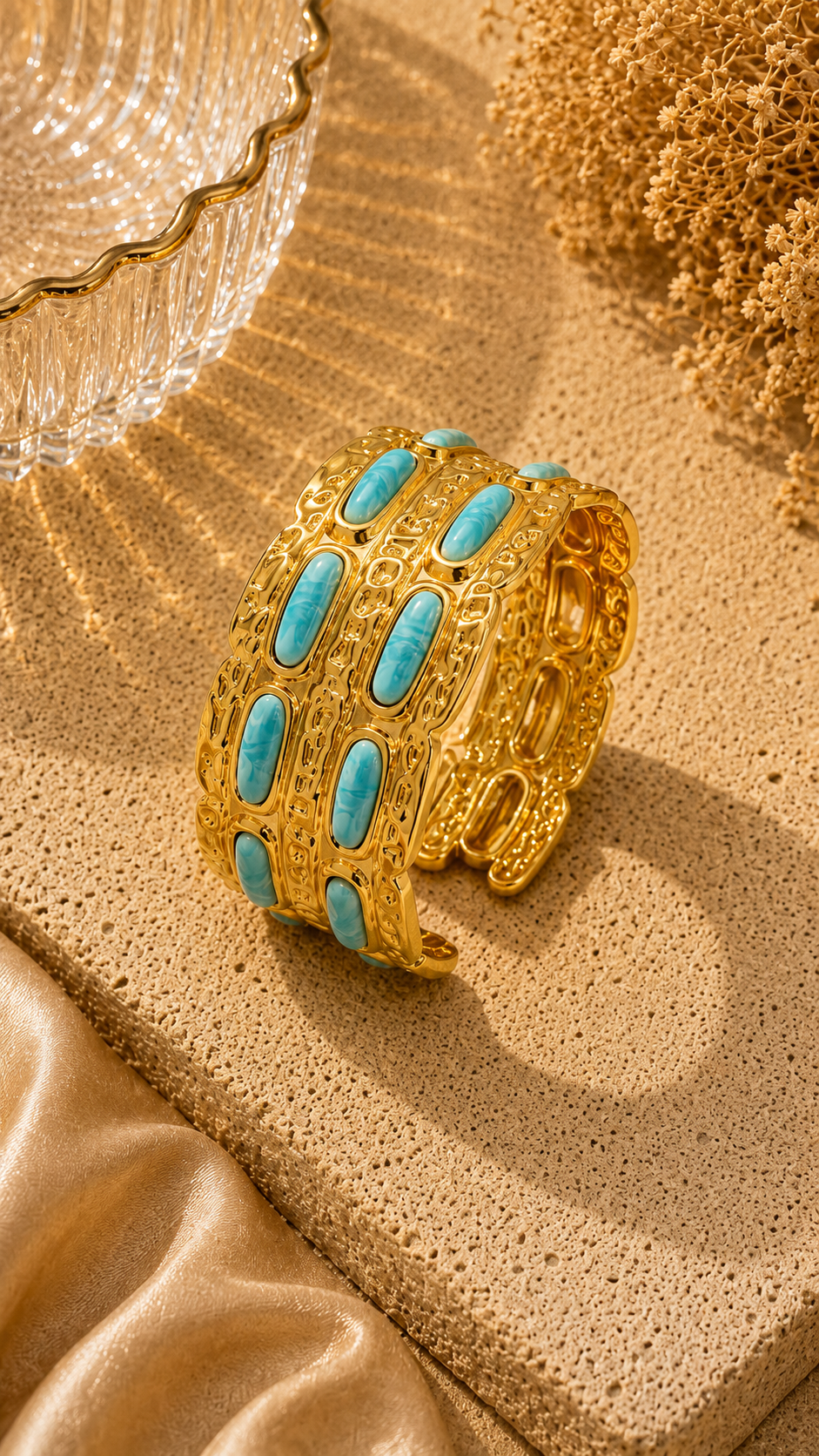 Turquoise Mosaic Gold Cuff Bracelet