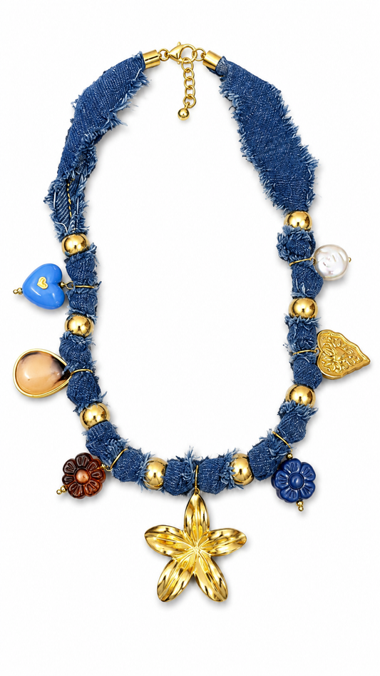 Denim Floral Charm Necklace