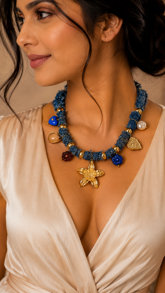 Denim Floral Charm Necklace