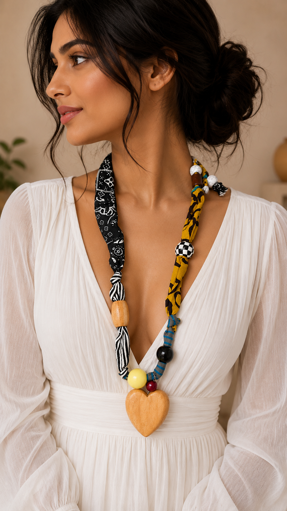 Wooden Heart Fabric Necklace