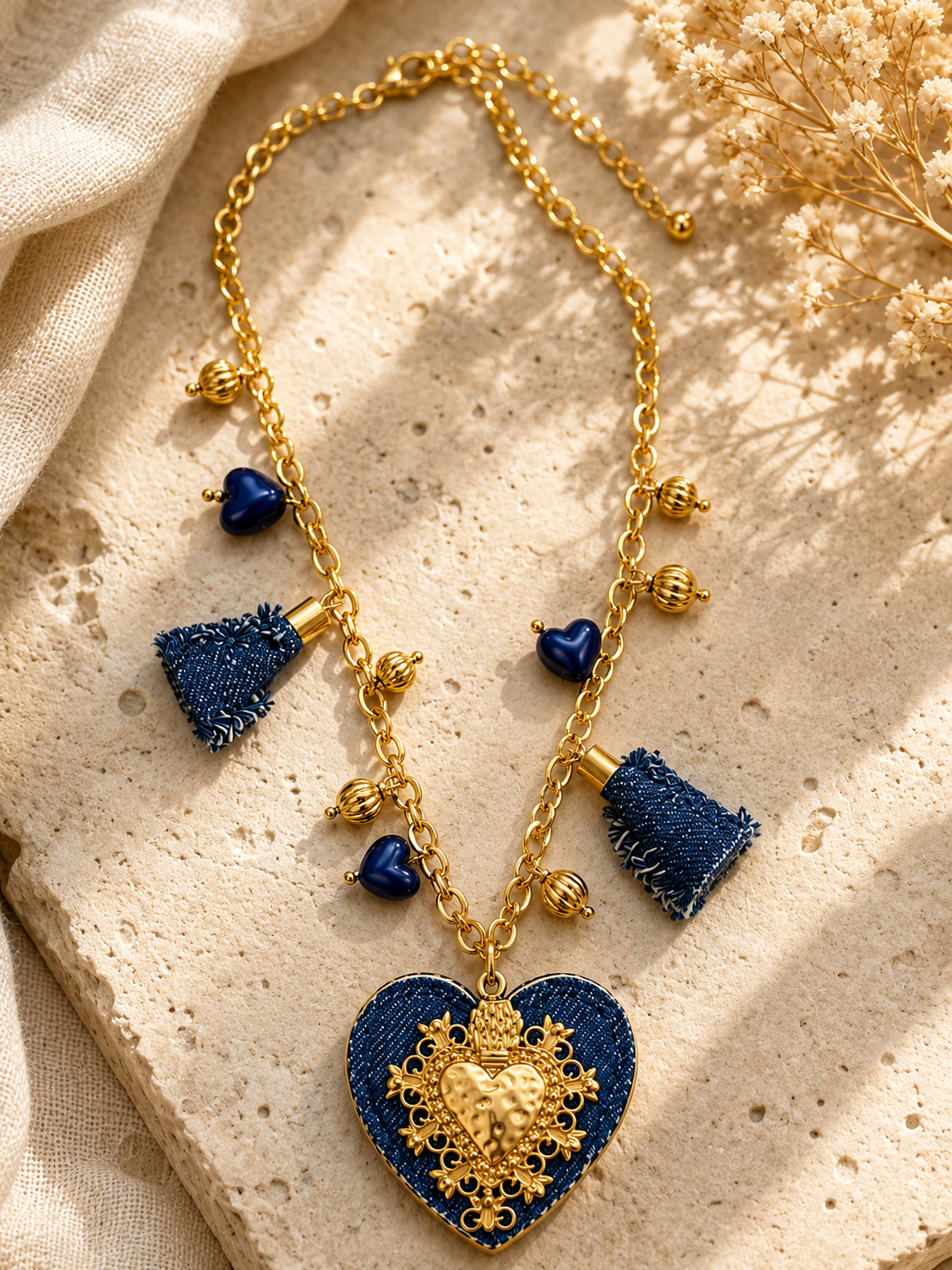 Denim Heart Charm Necklace