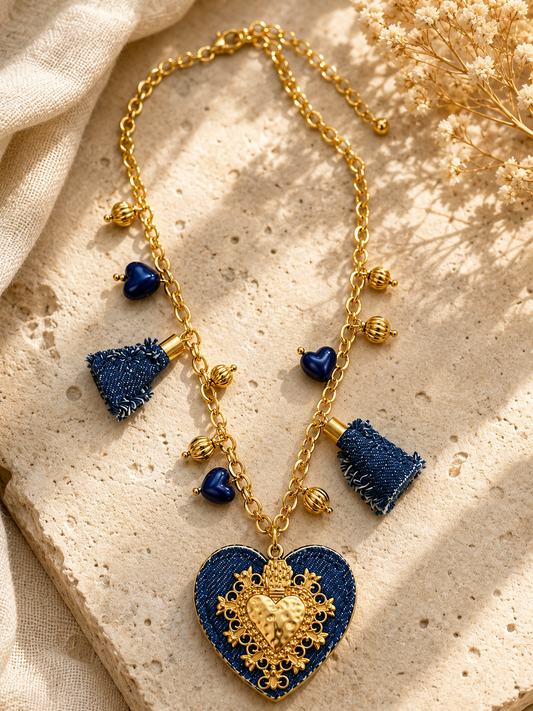 Denim Heart Charm Necklace