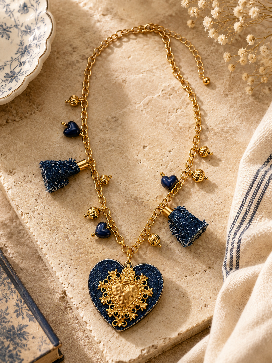 Denim Heart Charm Necklace