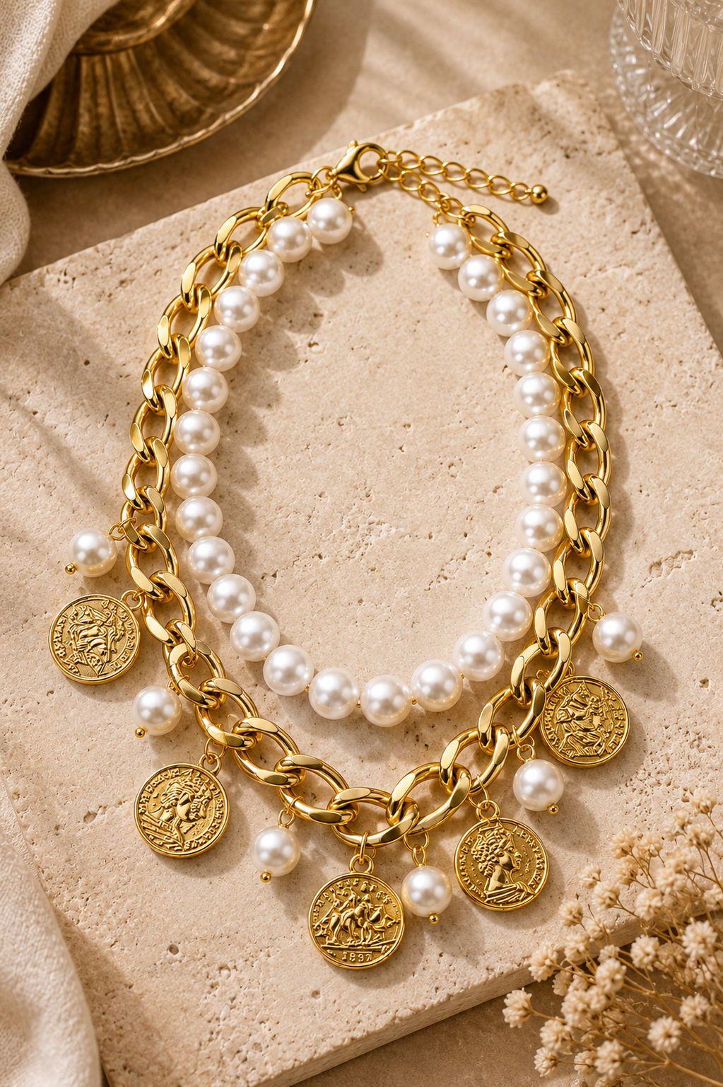 Pearl Coin Gold Chain Necklace