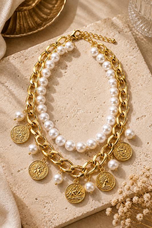Pearl Coin Gold Chain Necklace