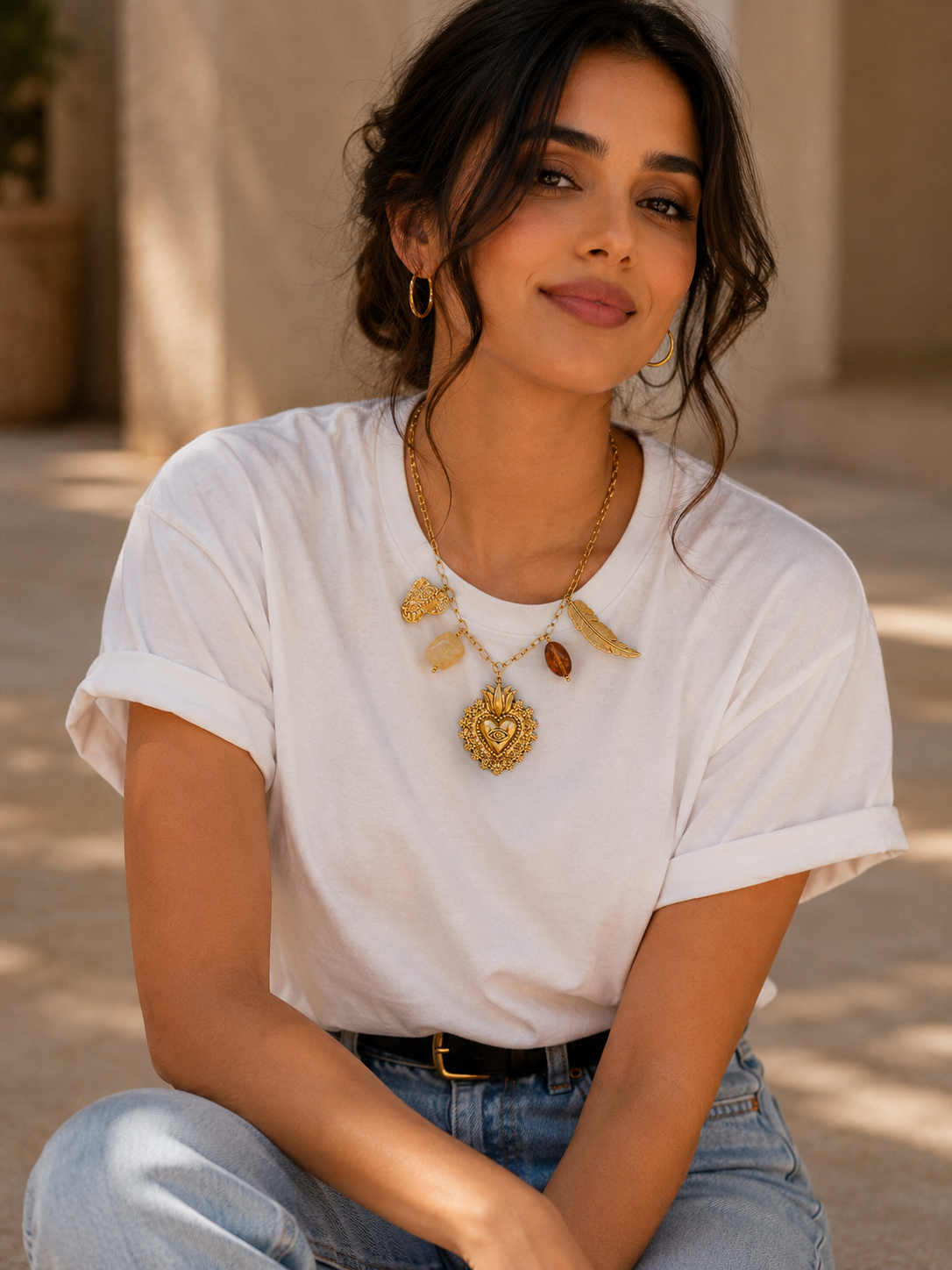 Golden Sacred Heart Charm Necklace