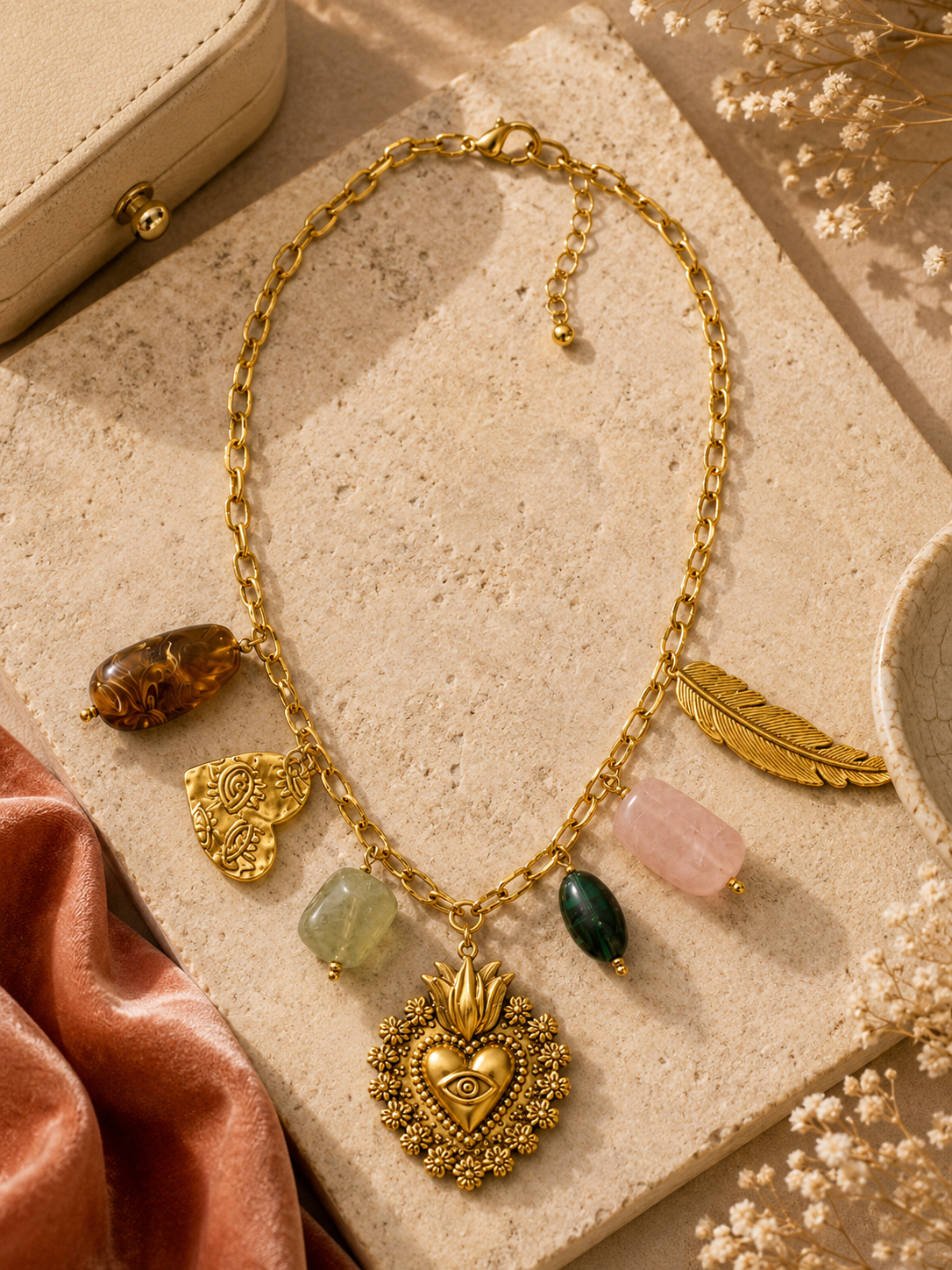 Golden Sacred Heart Charm Necklace