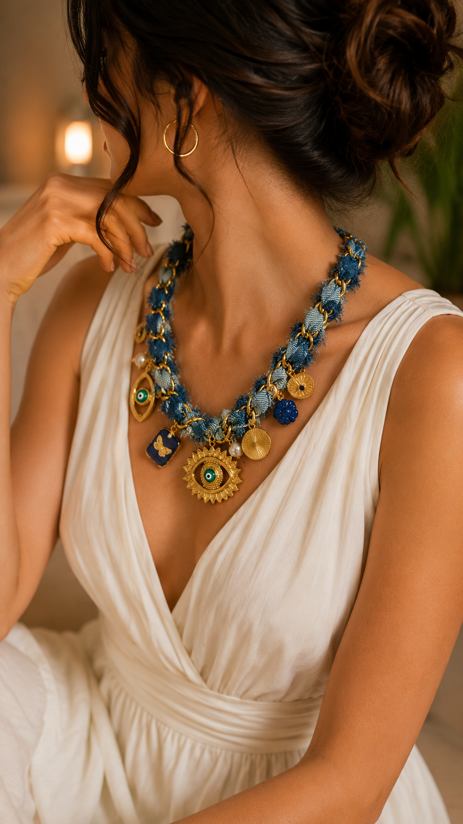 Denim Evil Eye Charm Necklace