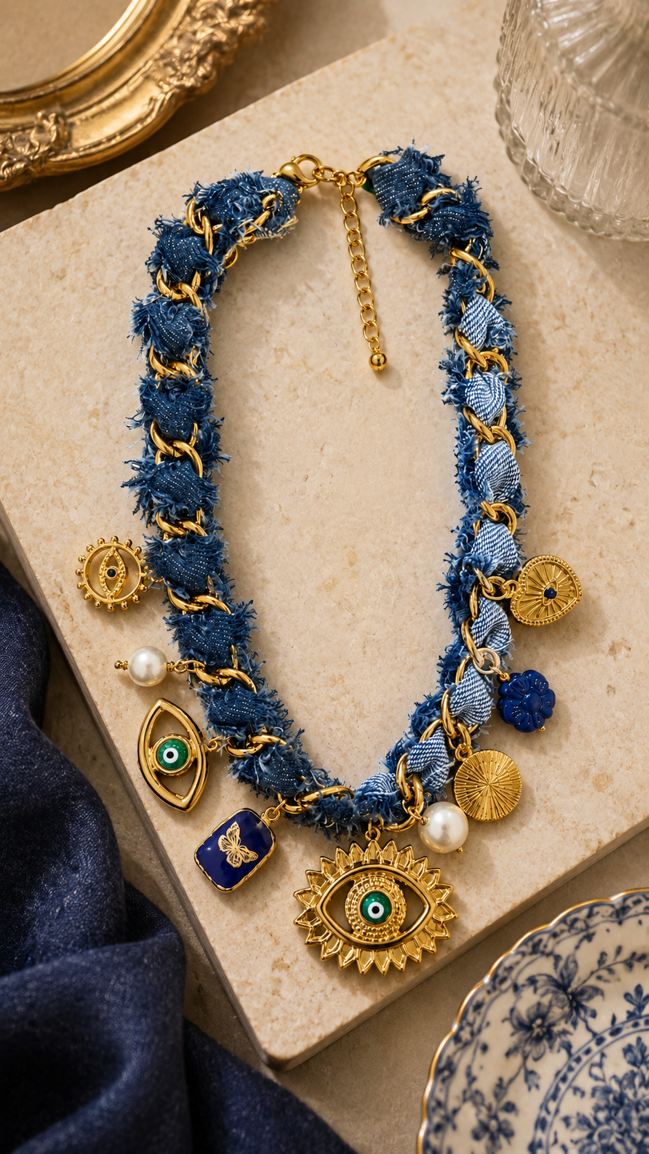 Denim Evil Eye Charm Necklace