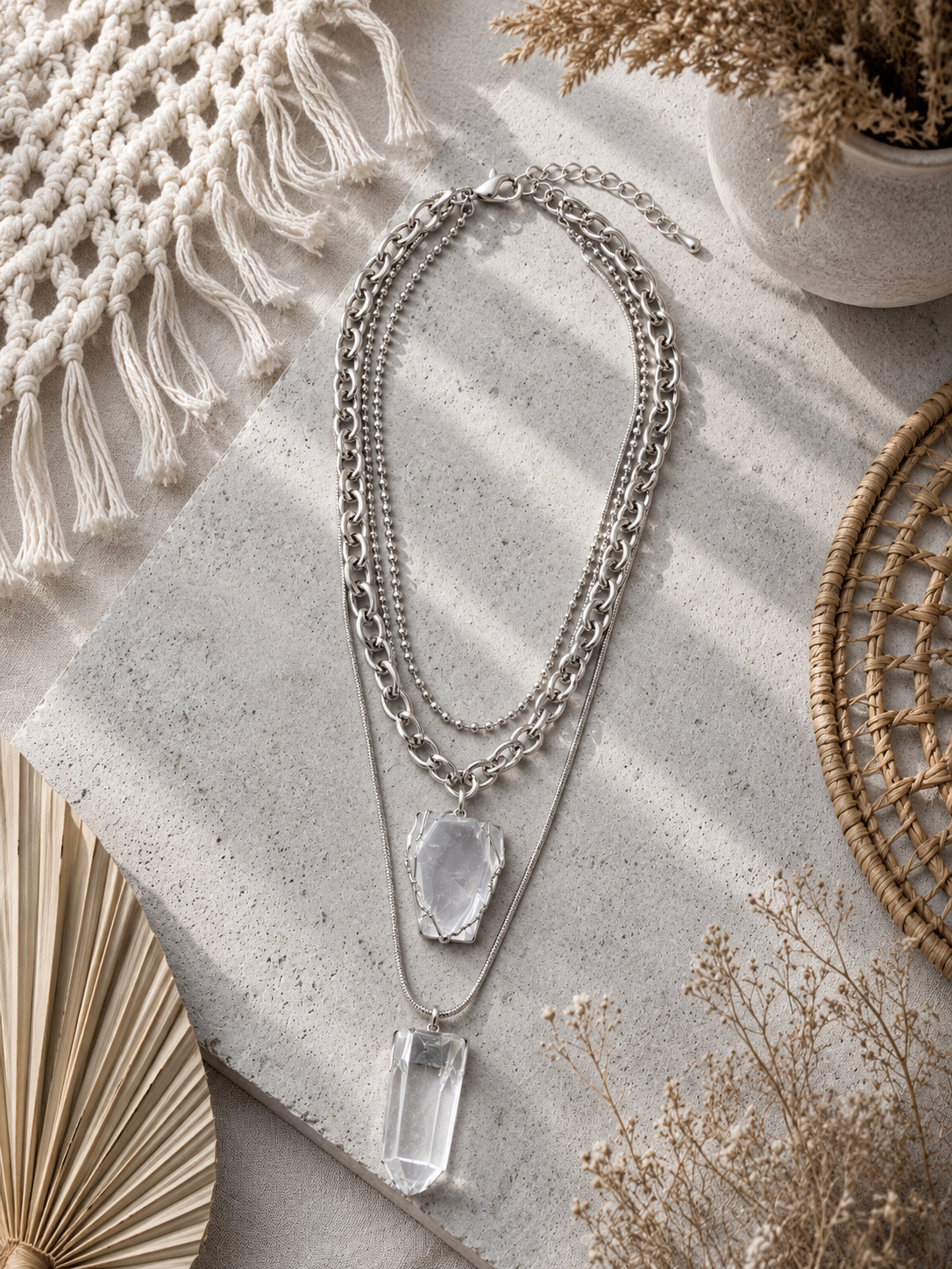 Silver Minimal Pendent With Layered Chain Necklace